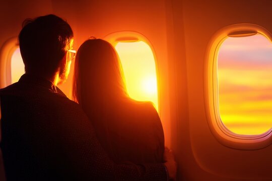 Romantic couple gazing at a breathtaking sunset from an airplane window during a journey - Powered by Adobe