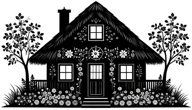 A detailed, monochromatic silhouette of a cottage with a thatched roof, decorated with floral motifs, flanked by trees