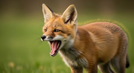 Red Fox Yawning in a Green Field.