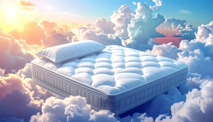 A fluffy white mattress and pillow float amid layers of soft, billowy clouds, bathed in a warm, golden sunlight, creating a surreal, dreamy scene