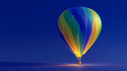 Obraz premium Soaring Ascent: A vibrant hot air balloon, with its colorful striped pattern and lit burner, ascends gracefully against a deep blue canvas, capturing a sense of adventure and the dream of flight.