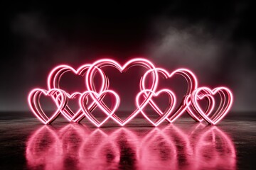 A vibrant and colorful background featuring a group of neon pink hearts glowing in the dark, perfect for Black Friday promotions or love-themed designs.