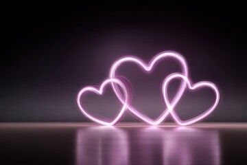 A vibrant and eye-catching neon background featuring two glowing pink hearts amidst dark shadows. Perfect for concepts related to love, romance, and mystery.