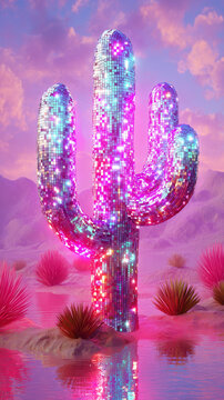 Pink Cactus Covered in Sequins Like Disco Ball, Vintage Y2K Party Decoration, Glittering Retro Disco Kitsch Style.