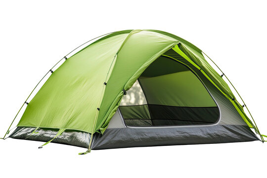 Camping tent green dome structure, open front view, black base, dark backdrop