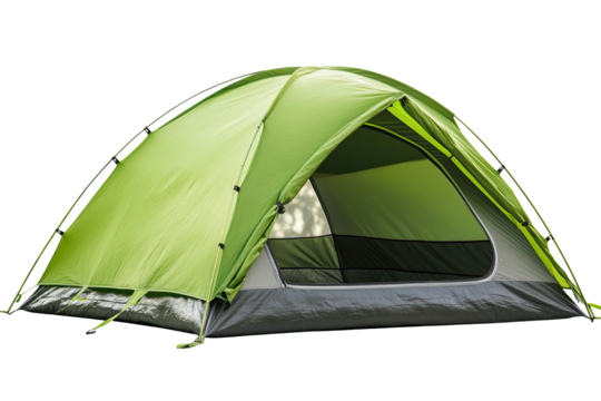 Camping tent green dome structure, open front view, black base, dark backdrop