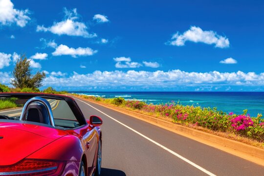Vibrant red convertible cruising along a scenic coastal road with stunning ocean views and lush flowers