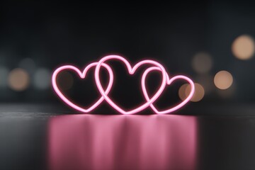 Two heart-shaped neon lights placed on a table with glowing lights in the background, creating a romantic and vibrant atmosphere.