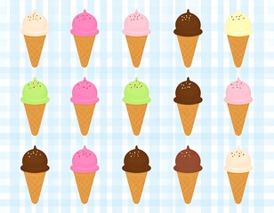 A collection of colorful ice cream cones arranged in rows on a light-blue checkered background. Each cone has a different ice cream color with sprinkles
