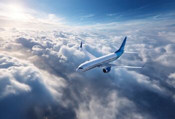 Fototapeta premium Soaring above the clouds, a modern airplane offers scenic travel possibilities across a breathtaking sky