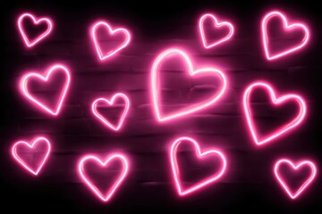 A vibrant display of neon hearts glowing against a textured brick wall background, creating a striking and modern urban art scene.