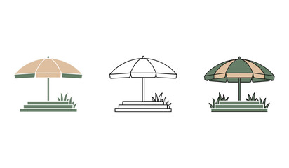A set of three beach umbrella illustrations in different styles and colors parasol sunshade