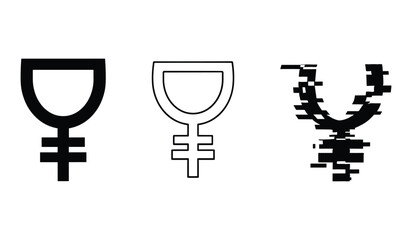 A set of three black symbols showing a crescent over a cross with one symbol distorted white