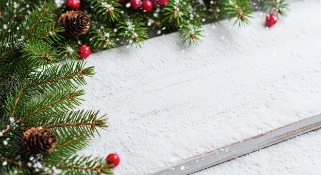 Winter holiday evergreen branch with red berries and pine cones covered in snow