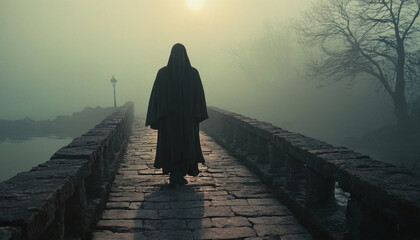Foggy gloomy scene of Charon crossing the bridge to the afterlife creating an otherworldly atmosphere for mythological illustrations or fantasy themed digital art projects with ethereal visual effects