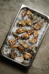 An overhead, full-frame shot of a rectangular metal catering tray filled with crushed ice and multiple fresh, unshucked oysters with rough, brown-green shells, set on a textured concrete background