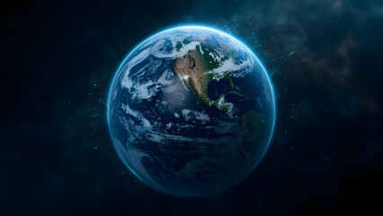 Ultra-realistic 8K close-up of an Earth globe with a subtle digital network overlay. Dark space provides ample copyspace, creating a professional composite ideal for illustrating global connectivity, 