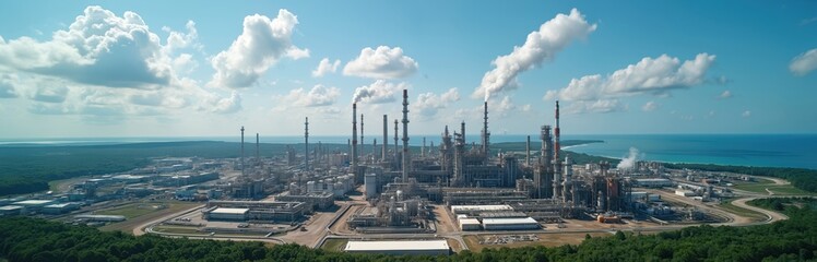 Obraz premium Aerial view of a vast industrial refinery complex with smoking chimneys against a blue sky. Structures sprawl across the land near the ocean, with surrounding green forest cover.