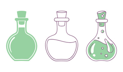 A set of three cartoon potion bottles one filled green liquid two outlined purple vector