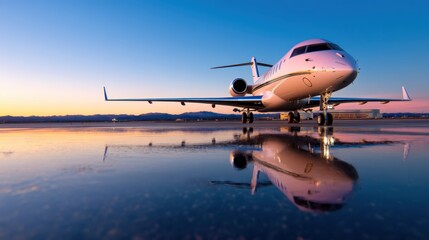 Private jet parked on runway during sunset, reflecting in puddles, with mountains in the background
