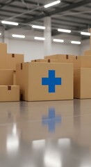 Medical Supplies Warehouse - Boxes with Blue Crosses Ready for Distribution.