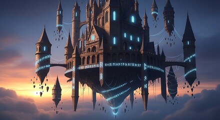 Gothic Sky Castle with Luminous Blue Spirals Floating Above Sunset Clouds.