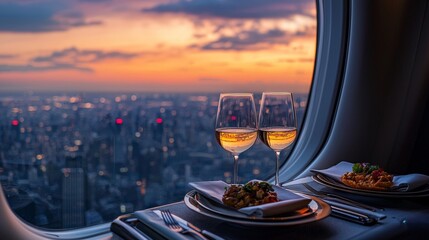 Romantic Dinner with City View at Sunset: Fine Dining, Wine Glasses, and Skyline Ambiance for Special Occasions