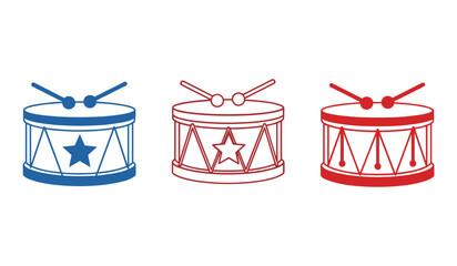 A set of three drums with drumsticks in blue red and outline percussion musical instrument
