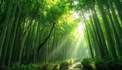 A serene path winds through a dense bamboo forest, sunlight streaming through the canopy. Lush greenery and tall stalks dominate the scene