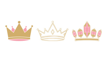 A set of three golden crowns with pink accents on a white background royal regal