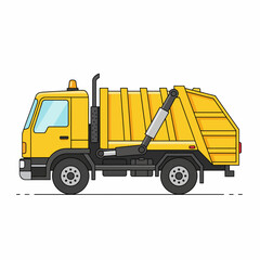 Yellow garbage truck illustration on a white background side view.