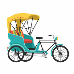 Colorful illustration of a traditional rickshaw with a yellow canopy and passenger seat.