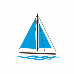 Simple sailboat with blue sails vector illustration on white background.
