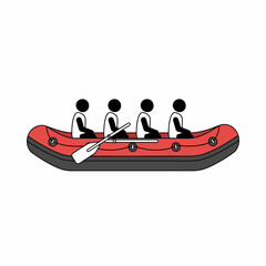 Four stick figures in a red raft with a paddle.