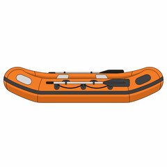 Orange inflatable raft with oars for water sports and recreation.