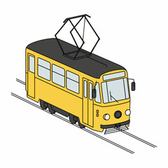 Classic yellow tram illustration on tracks public transport vehicle.