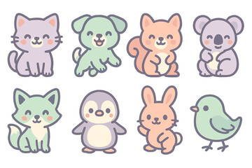 Obraz premium Pastel animal characters set including cat dog rabbit koala squirrel penguin and bird
