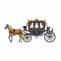 Elegant Horse-Drawn Carriage with Ornate Design and Red Curtains.
