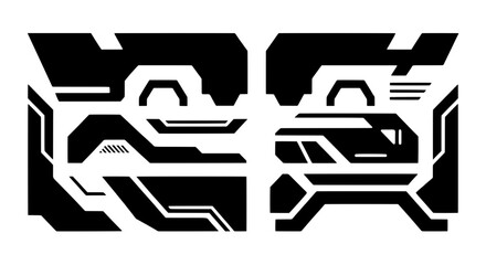 Set of futuristic high-tech vector graphics. Abstract cyberpunk shapes for sci-fi user interfaces, game assets, or futuristic vehicle decals.