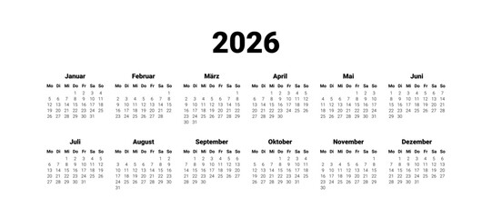 Germany 2026 calendar. Vector design template start from monday. Full months for wall calendar. isolated wall background.