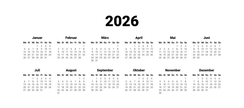 Germany 2026 calendar. Vector design template start from monday. Full months for wall calendar. isolated wall background.