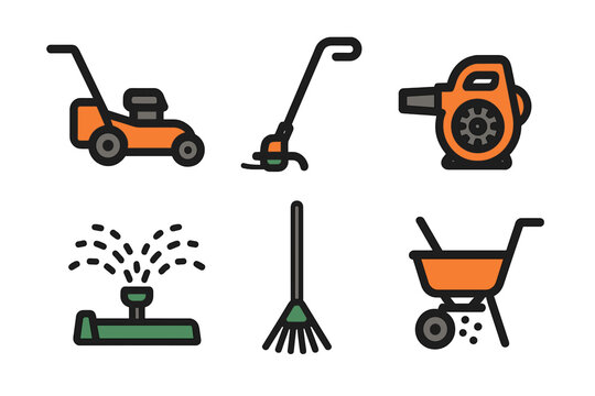 Collection of essential gardening and yard work tools including lawnmower, rake, and leaf blower