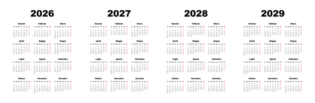 2026, 2027, 2028, 2029, Calendar in Italian . Calendar template for Italy start from Monday. Full months for wall calendar, isolated wall background