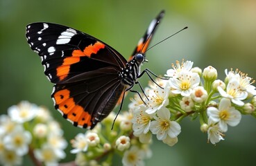 Naklejka premium Black, orange butterfly with white spots perches on small white flowers. Insect black body, long antennae. Delicate wings show vibrant patterns. Beautiful creature rests in sunny garden, contributing