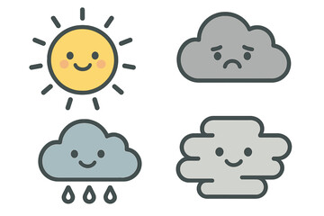 Obraz premium Set of cute weather symbols featuring sun, happy cloud, sad cloud, and rain drops