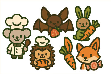 Naklejka premium Adorable collection of cute woodland animals dressed as chefs and bakers holding various food items