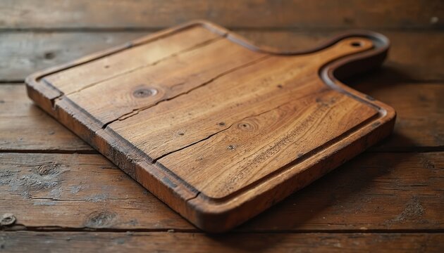Old wooden chopping board with handle sits on weathered wood surface. Rustic kitchen backdrop with visible cracks and grain detail. Perfect for food photography.