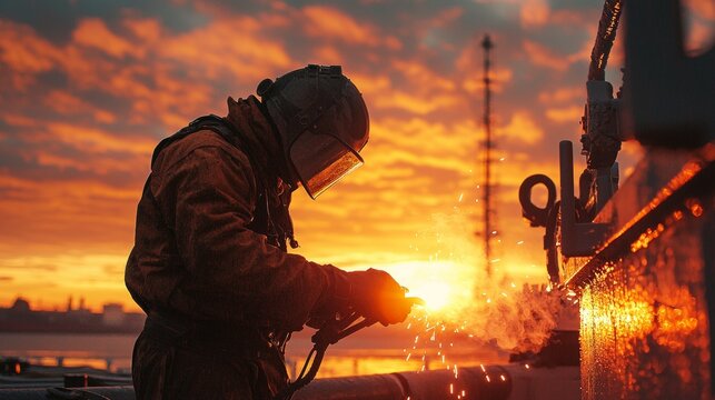 Professional Welder at Work with Protective Gear Welding Metal Against Dramatic Sunset Sky, Industrial Site, Sparks and Smoke - Powered by Adobe