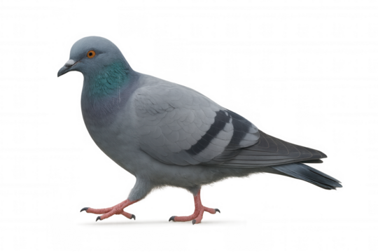 Pigeon walking, showing its grey plumage and characteristic orange eye. Isolated common bird with transparent background