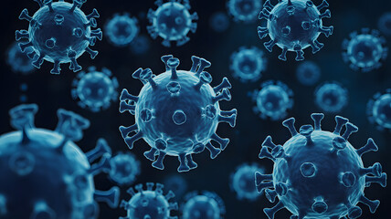 A microscopic view of many blue virus cells floating against a dark blue and black gradient backdrop